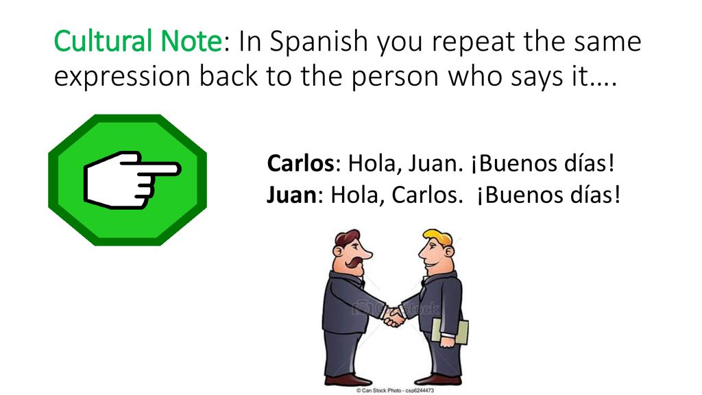 Cultural Note: In Spanish you repeat the same expression back to the person who says it….