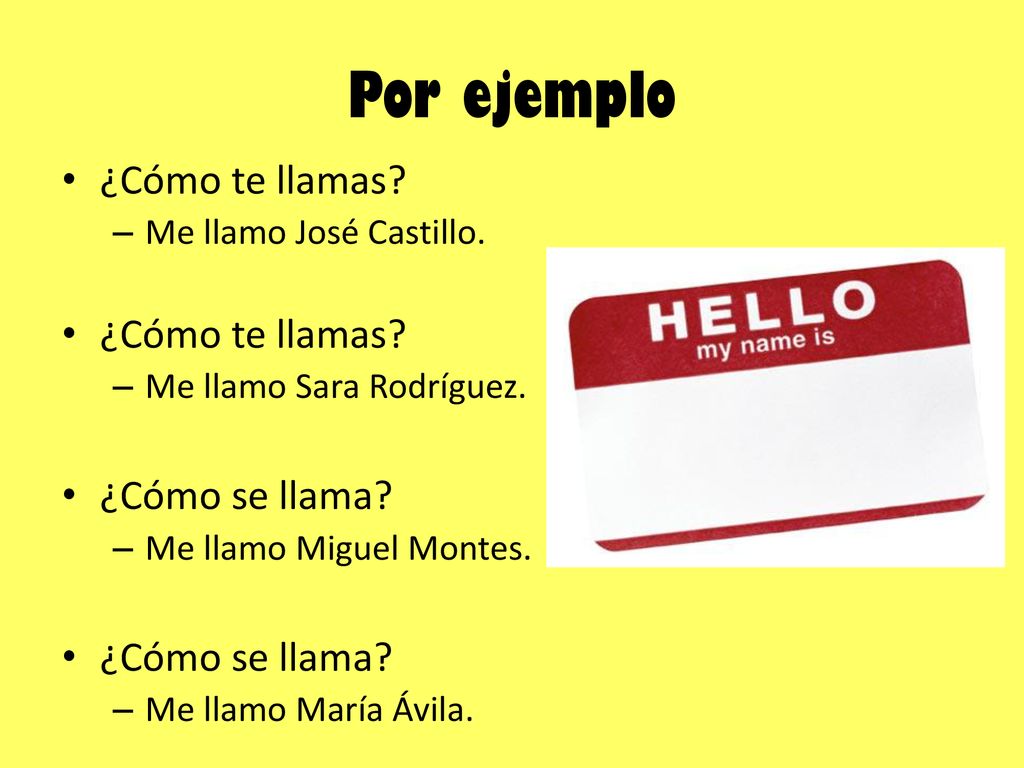 Por ejemplo ¿Cómo te llamas ¿Cómo se llama Me llamo José Castillo.