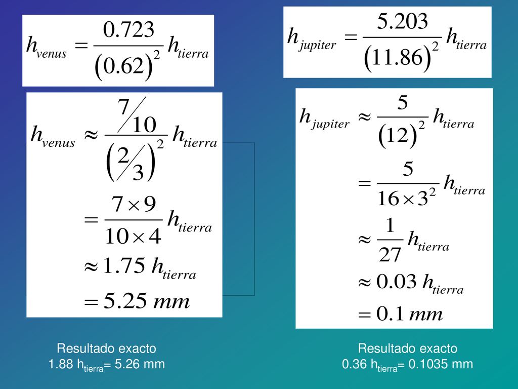 Resultado exacto 1.88 htierra= 5.26 mm Resultado exacto 0.36 htierra= mm