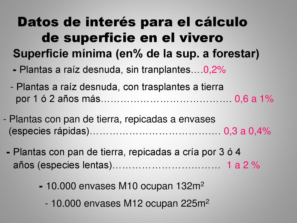 Datos de interés para el cálculo de superficie en el vivero