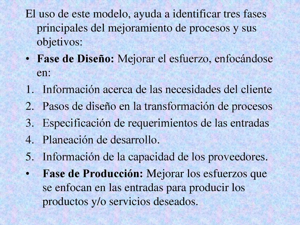 El uso de este modelo, ayuda a identificar tres fases principales del mejoramiento de procesos y sus objetivos: