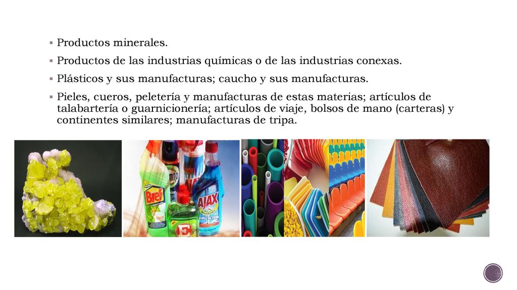 Productos minerales. Productos de las industrias químicas o de las industrias conexas. Plásticos y sus manufacturas; caucho y sus manufacturas.