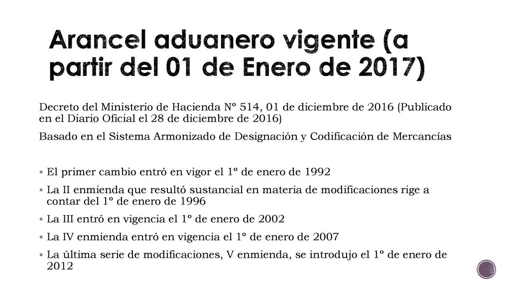 Arancel aduanero vigente (a partir del 01 de Enero de 2017)