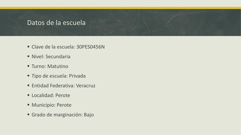 Datos de la escuela Clave de la escuela: 30PES0456N Nivel: Secundaria