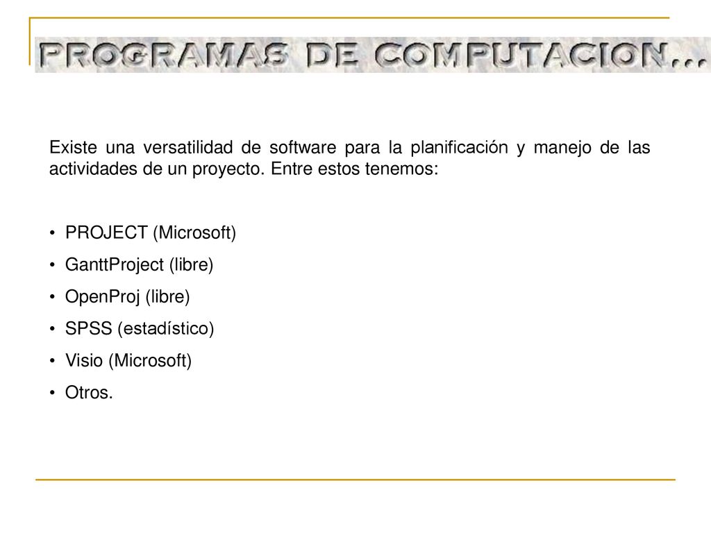 Existe una versatilidad de software para la planificación y manejo de las actividades de un proyecto. Entre estos tenemos: