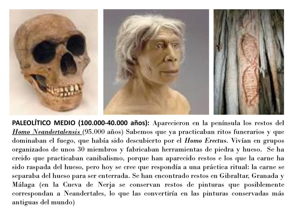PALEOLÍTICO MEDIO ( años): Aparecieron en la península los restos del Homo Neandertalensis ( años) Sabemos que ya practicaban ritos funerarios y que dominaban el fuego, que había sido descubierto por el Homo Erectus.