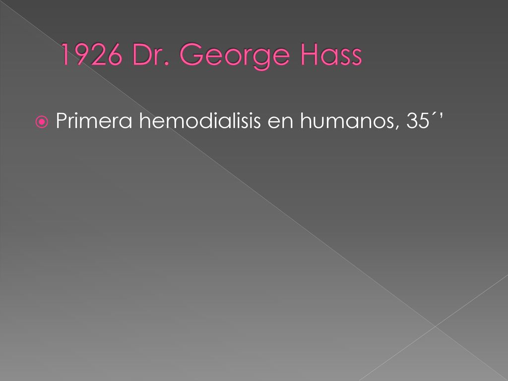 1926 Dr. George Hass Primera hemodialisis en humanos, 35´’