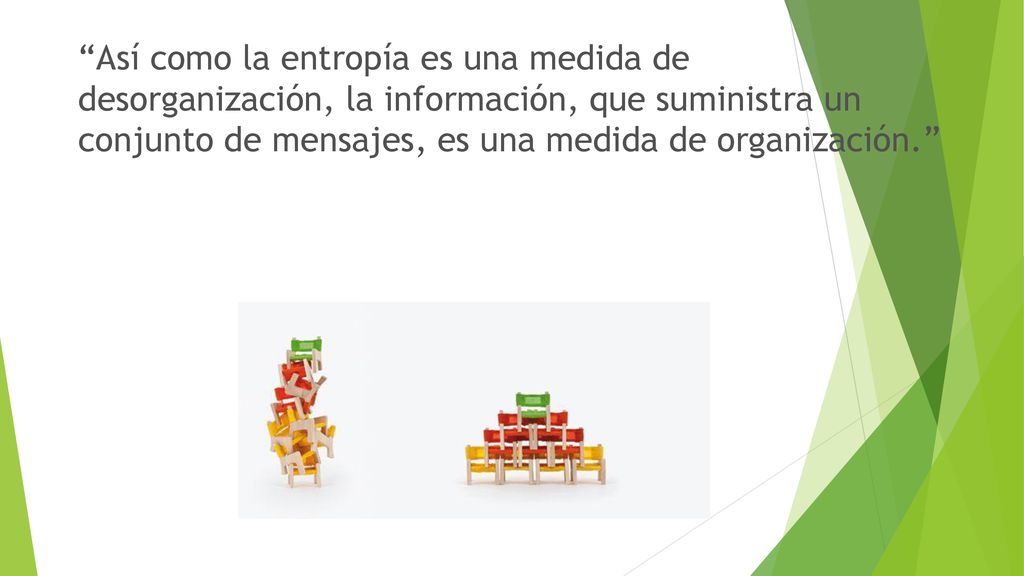Así como la entropía es una medida de desorganización, la información, que suministra un conjunto de mensajes, es una medida de organización.