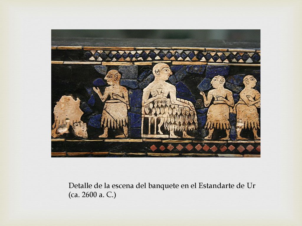 Detalle de la escena del banquete en el Estandarte de Ur (ca a. C.)