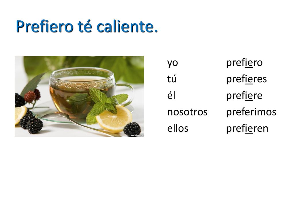 Prefiero té caliente. yo tú él nosotros ellos prefiero prefieres