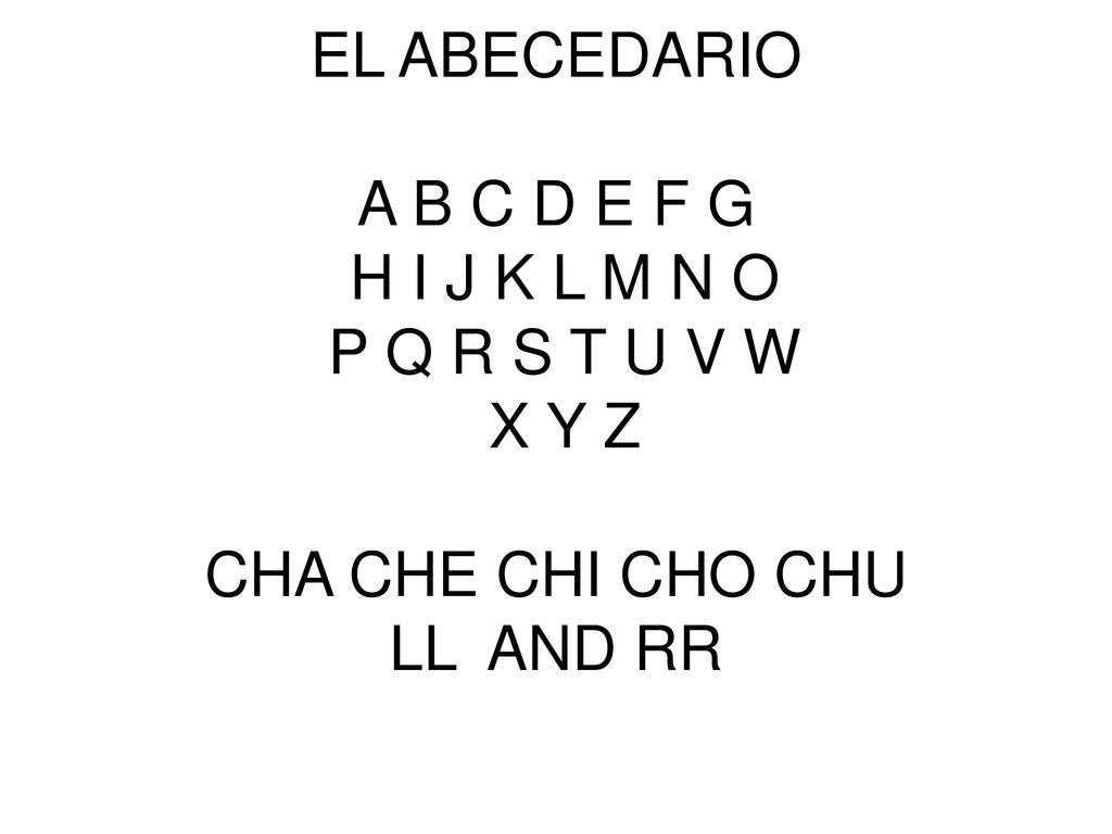 EL ABECEDARIO A B C D E F G H I J K L M N O P Q R S T U V W X Y Z CHA CHE CHI CHO CHU LL AND RR