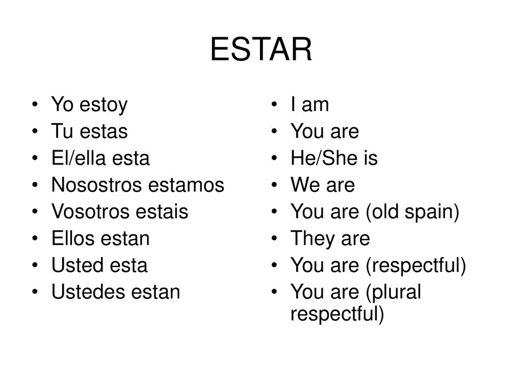 ESTAR Yo estoy Tu estas El/ella esta Nosostros estamos Vosotros estais