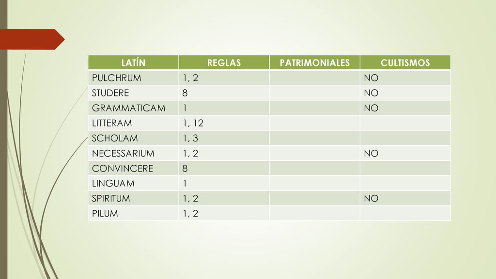 LATÍN REGLAS. PATRIMONIALES. CULTISMOS. PULCHRUM. 1, 2. NO. STUDERE. 8. GRAMMATICAM. 1. LITTERAM.