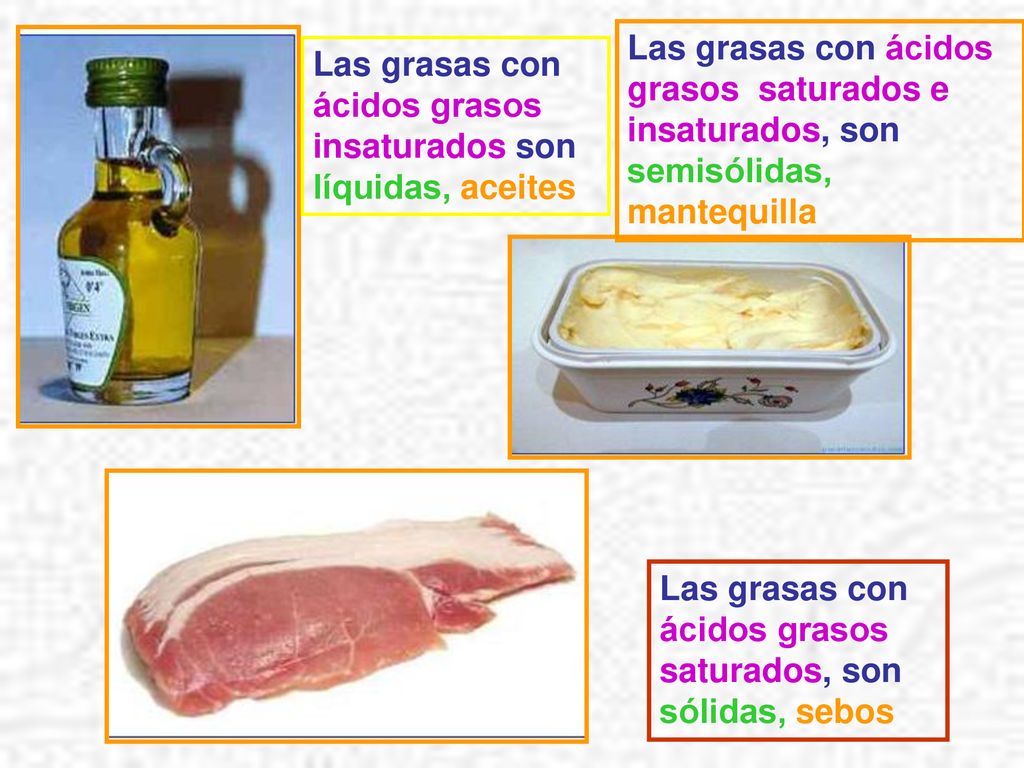 Las grasas con ácidos grasos saturados e insaturados, son semisólidas, mantequilla