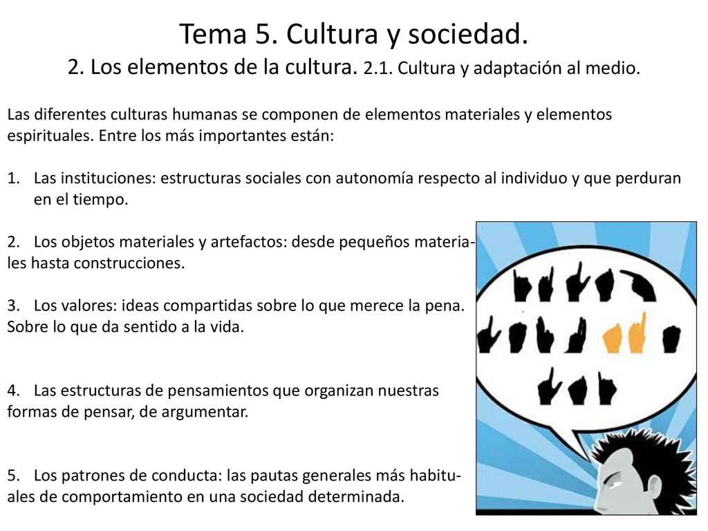 Tema 5. Cultura y sociedad. 2. Los elementos de la cultura. 2. 1