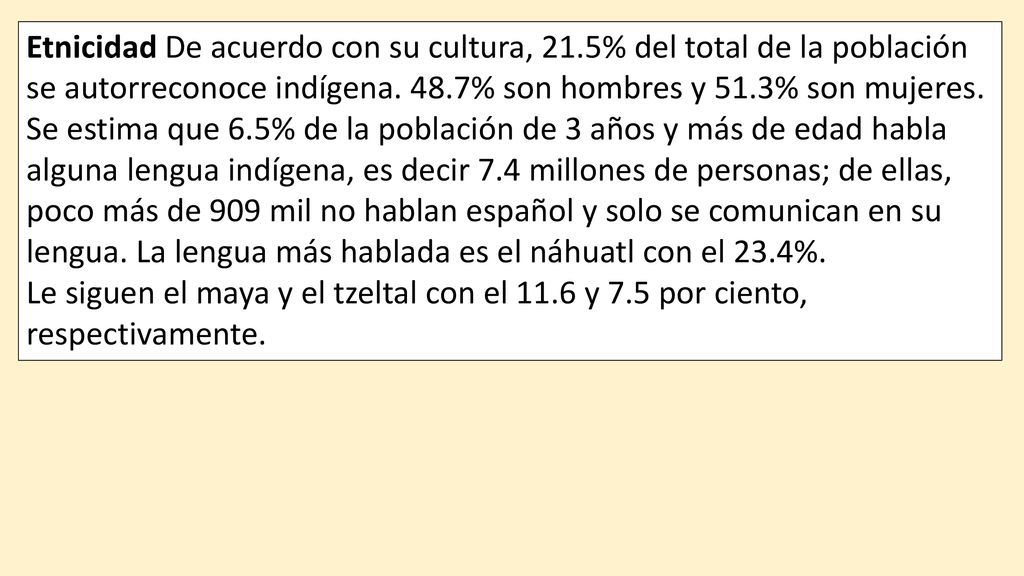 Etnicidad De acuerdo con su cultura, 21.5% del total de la población