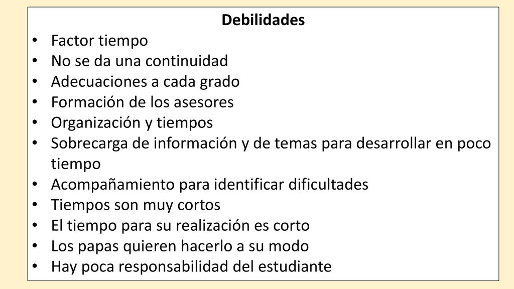 Debilidades Factor tiempo. No se da una continuidad. Adecuaciones a cada grado. Formación de los asesores.