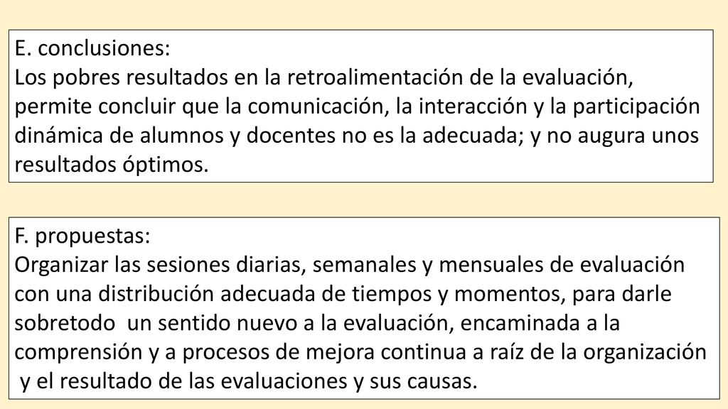 E. conclusiones: Los pobres resultados en la retroalimentación de la evaluación,