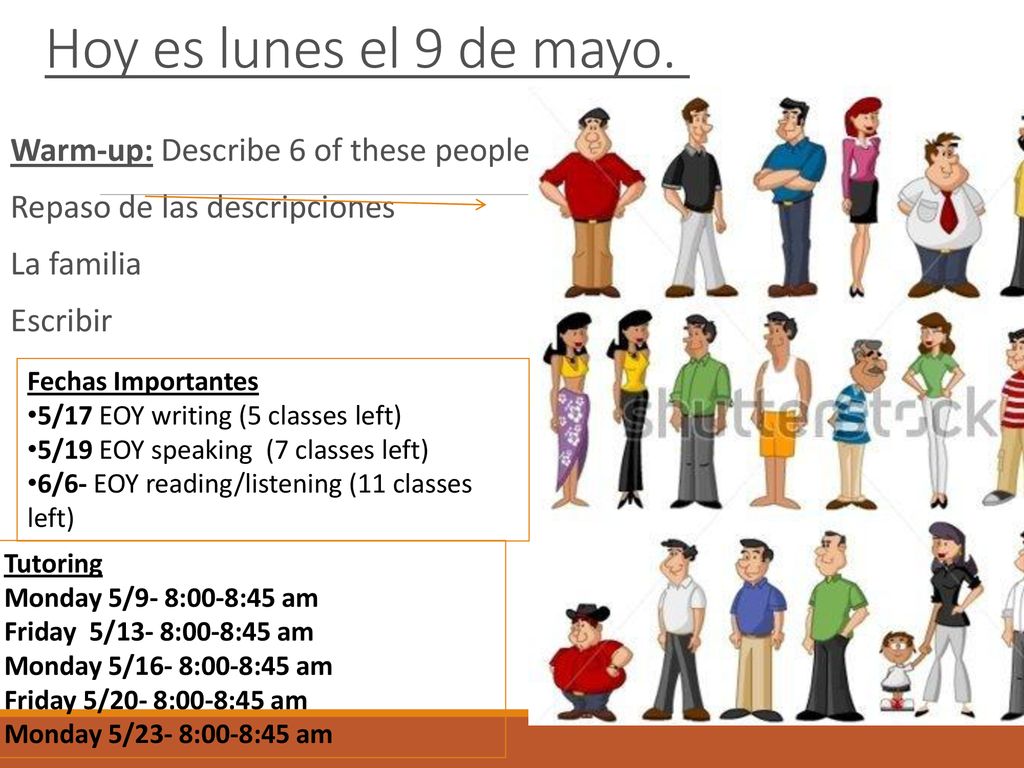 Hoy es lunes el 9 de mayo. Warm-up: Describe 6 of these people