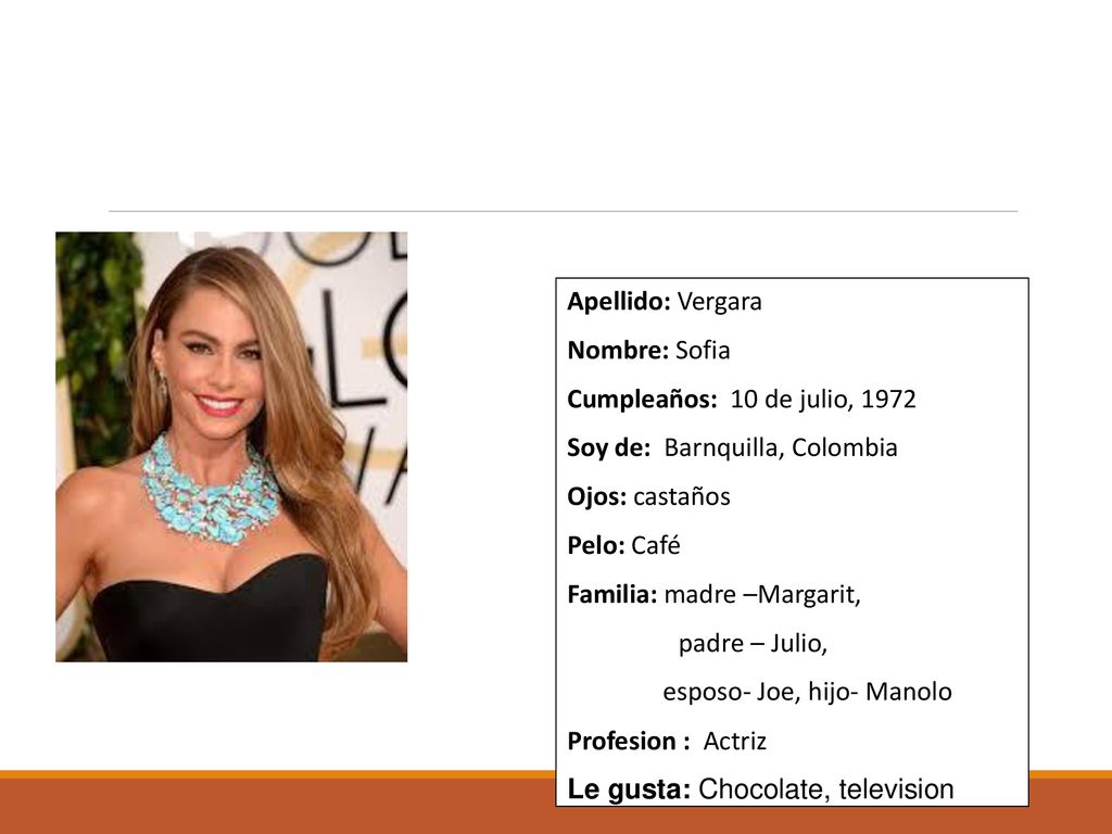 Apellido: Vergara Nombre: Sofia. Cumpleaños: 10 de julio, Soy de: Barnquilla, Colombia. Ojos: castaños.