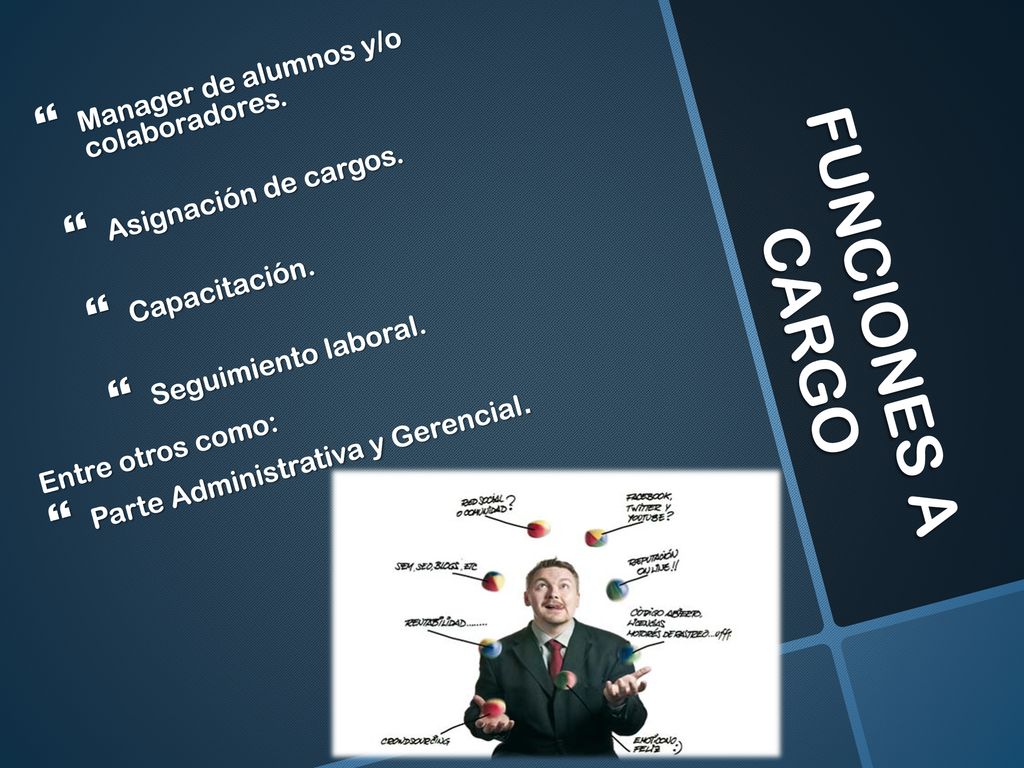 FUNCIONES A CARGO Manager de alumnos y/o colaboradores.