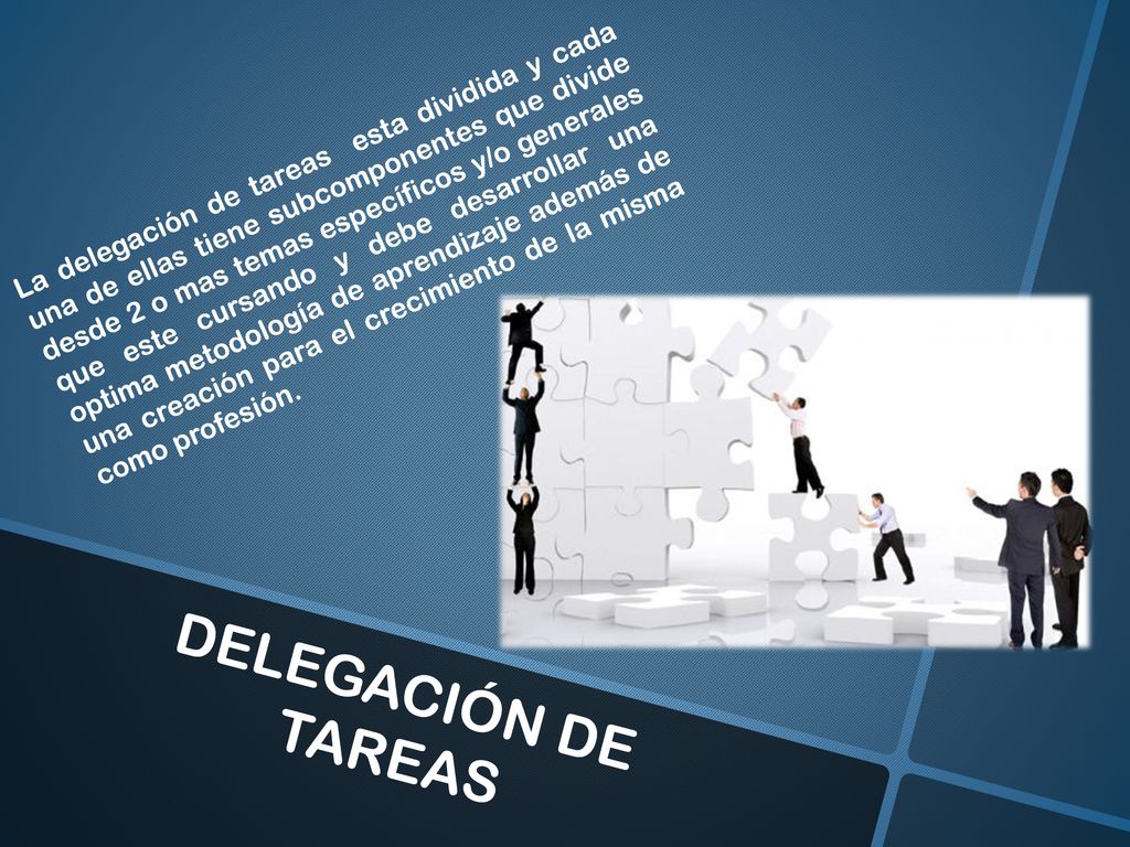 La delegación de tareas esta dividida y cada una de ellas tiene subcomponentes que divide desde 2 o mas temas específicos y/o generales que este cursando y debe desarrollar una optima metodología de aprendizaje además de una creación para el crecimiento de la misma como profesión.