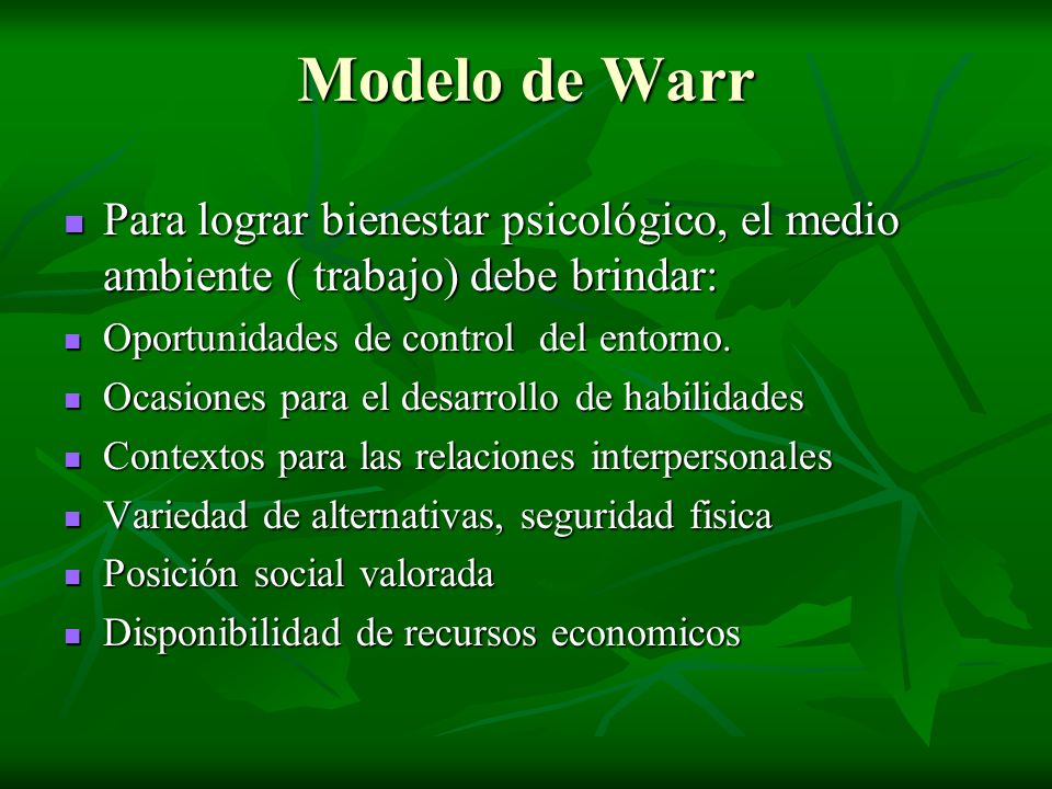 Modelo de Warr Para lograr bienestar psicológico, el medio ambiente ( trabajo) debe brindar: Oportunidades de control del entorno.