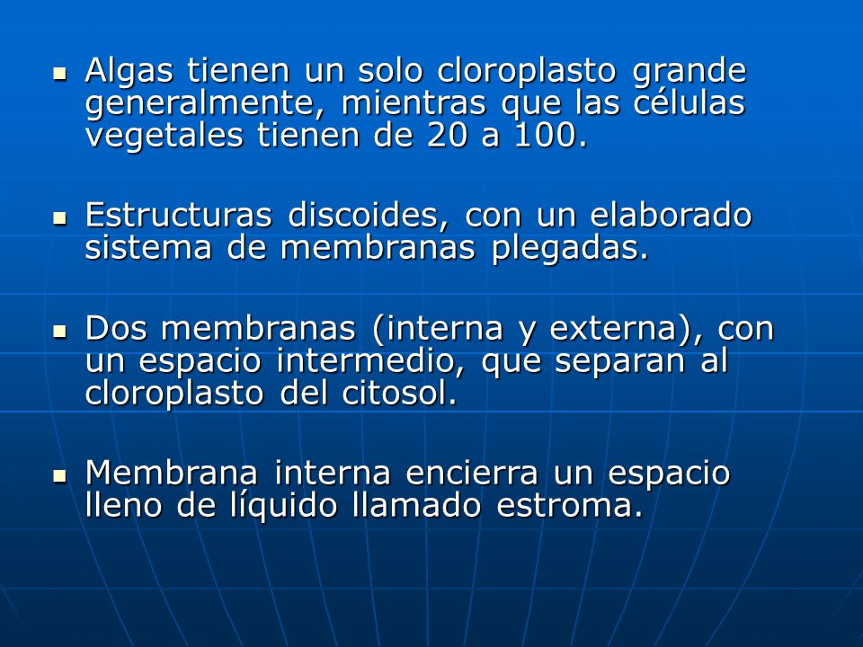 Algas tienen un solo cloroplasto grande generalmente, mientras que las células vegetales tienen de 20 a 100.