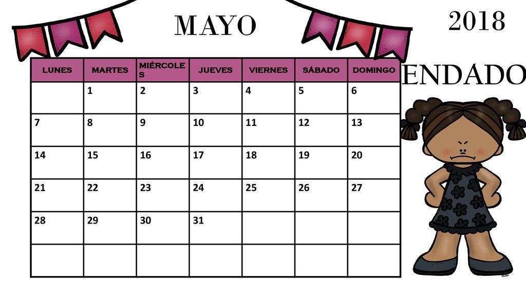 2018 MAYO. ENDADO. LUNES. MARTES. MIÉRCOLES. JUEVES. VIERNES. SÁBADO. DOMINGO