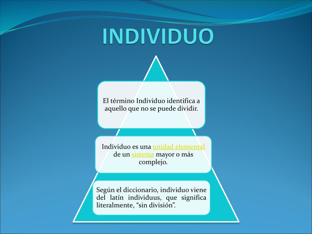 INDIVIDUO El término Individuo identifica a aquello que no se puede dividir. Individuo es una unidad elemental de un sistema mayor o más complejo.