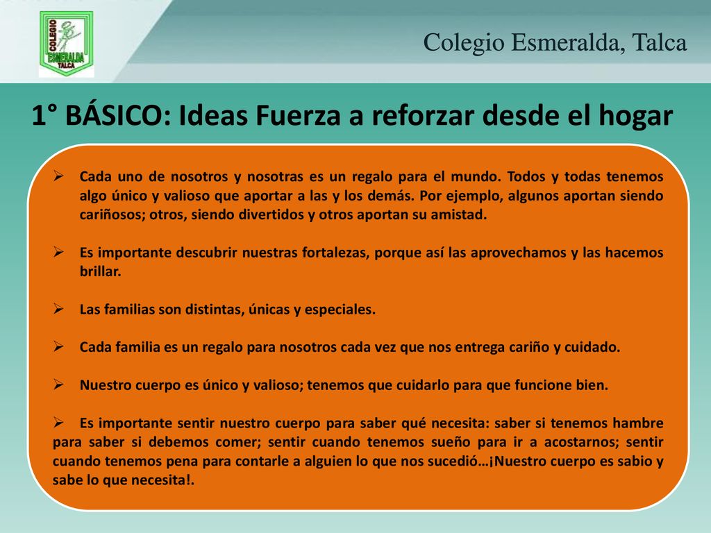 1° BÁSICO: Ideas Fuerza a reforzar desde el hogar