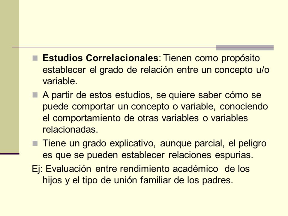 Estudios Correlacionales: Tienen como propósito establecer el grado de relación entre un concepto u/o variable.