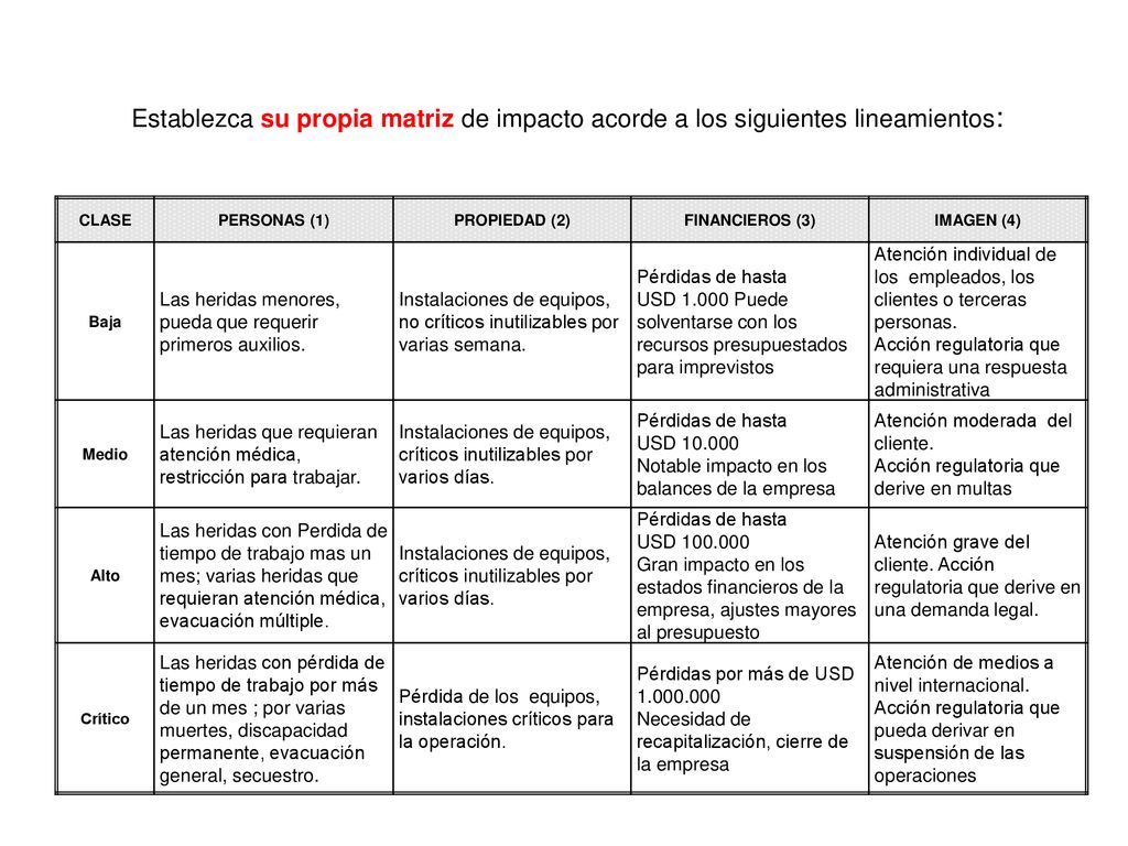 Establezca su propia matriz de impacto acorde a los siguientes lineamientos:
