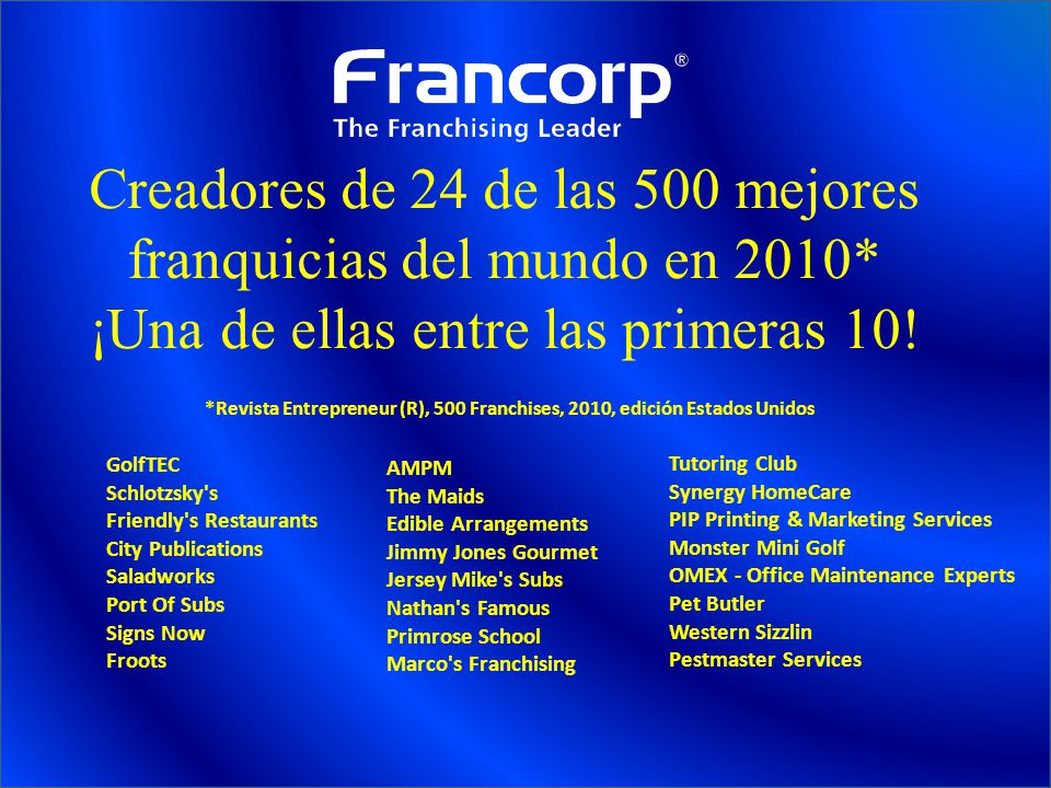 Creadores de 24 de las 500 mejores franquicias del mundo en 2010*