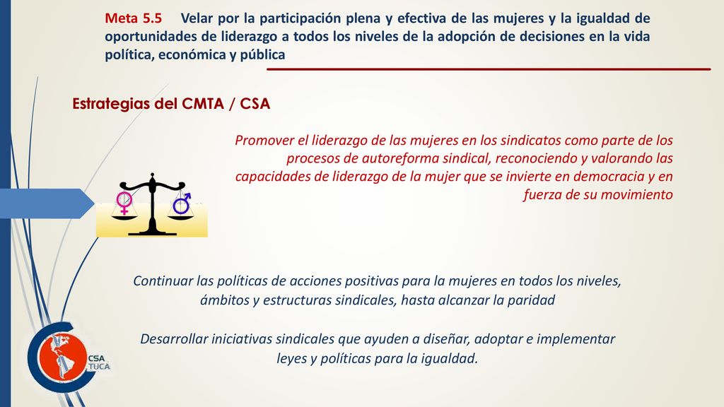 Meta 5.5 Velar por la participación plena y efectiva de las mujeres y la igualdad de oportunidades de liderazgo a todos los niveles de la adopción de decisiones en la vida política, económica y pública