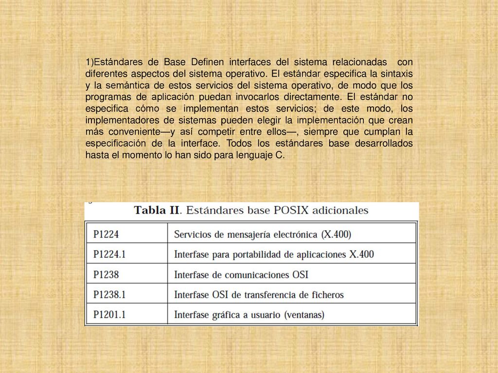 1)Estándares de Base Definen interfaces del sistema relacionadas con diferentes aspectos del sistema operativo.