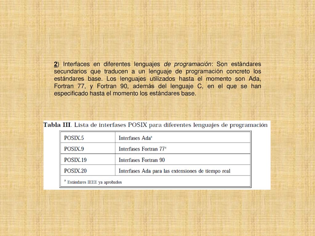 2) Interfaces en diferentes lenguajes de programación: Son estándares secundarios que traducen a un lenguaje de programación concreto los estándares base.