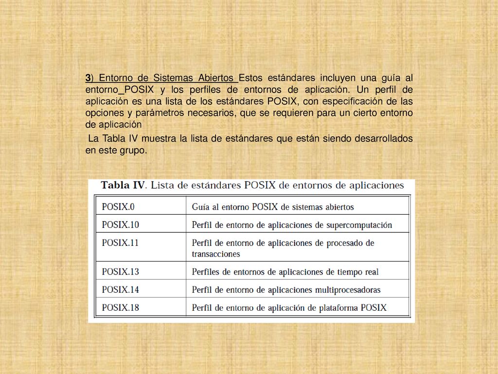 3) Entorno de Sistemas Abiertos Estos estándares incluyen una guía al entorno POSIX y los perfiles de entornos de aplicación.