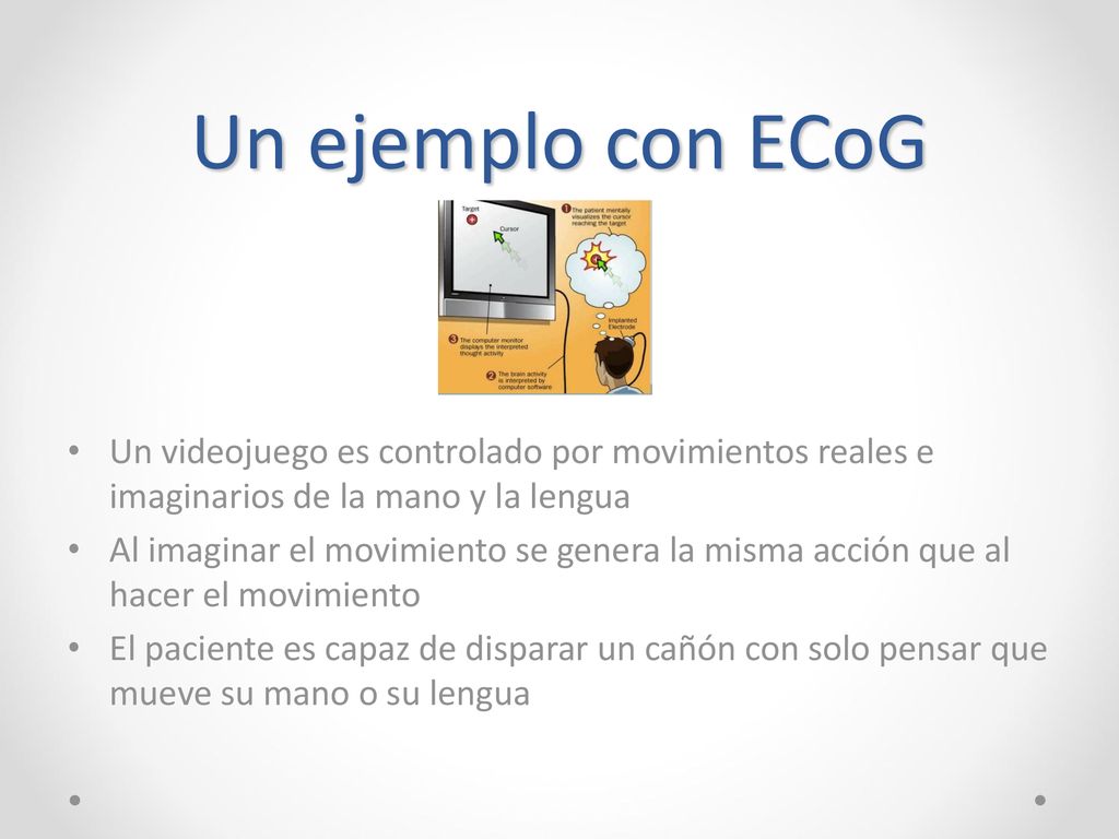 Un ejemplo con ECoG Un videojuego es controlado por movimientos reales e imaginarios de la mano y la lengua.