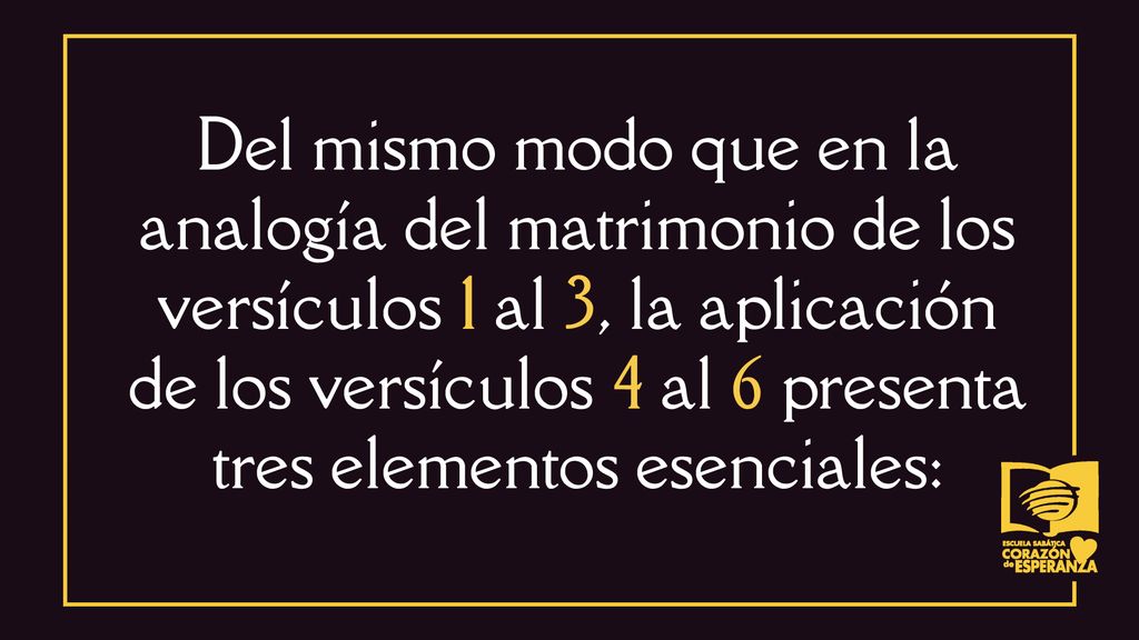 Del mismo modo que en la analogía del matrimonio de los versículos 1 al 3, la aplicación de los versículos 4 al 6 presenta tres elementos esenciales: