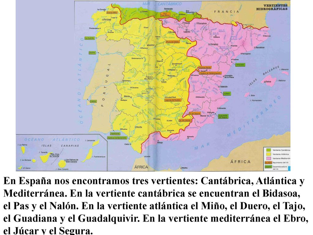 En España nos encontramos tres vertientes: Cantábrica, Atlántica y Mediterránea.