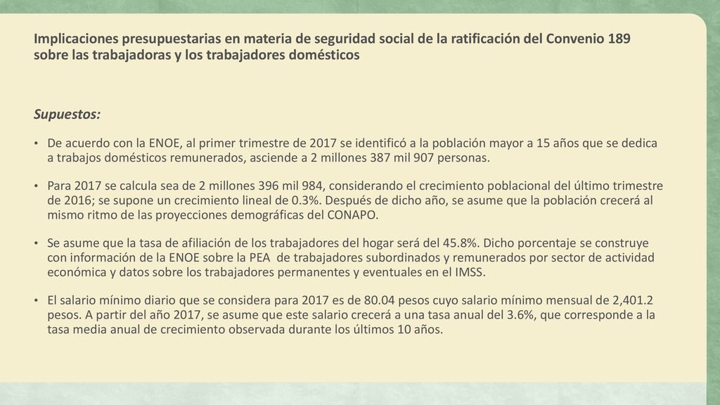 Implicaciones presupuestarias en materia de seguridad social de la ratificación del Convenio 189 sobre las trabajadoras y los trabajadores domésticos