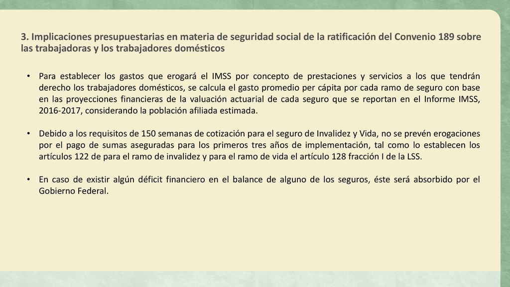 3. Implicaciones presupuestarias en materia de seguridad social de la ratificación del Convenio 189 sobre las trabajadoras y los trabajadores domésticos