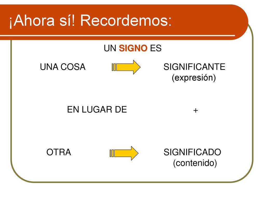 ¡Ahora sí! Recordemos: UN SIGNO ES UNA COSA SIGNIFICANTE (expresión)