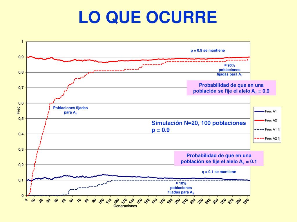 LO QUE OCURRE Simulación N=20, 100 poblaciones p = 0.9