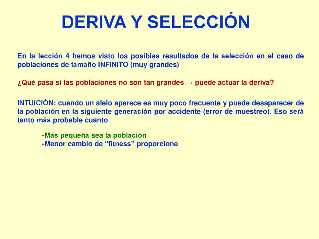 DERIVA Y SELECCIÓN En la lección 4 hemos visto los posibles resultados de la selección en el caso de poblaciones de tamaño INFINITO (muy grandes)