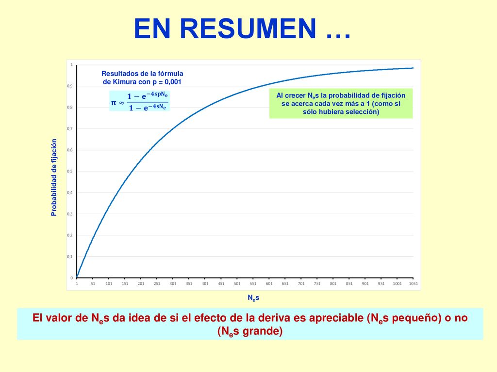 EN RESUMEN … Resultados de la fórmula de Kimura con p = 0,001. 𝛑≈ 𝟏− 𝐞 −𝟒𝐬𝐩 𝐍 𝐞 𝟏− 𝐞 −𝟒𝐬 𝐍 𝐞.