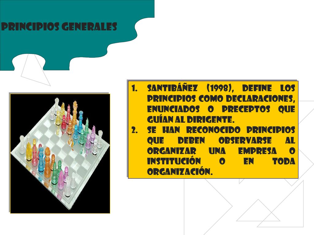 Principios generales Santibáñez (1998), define los principios como declaraciones, enunciados o preceptos que guían al dirigente.