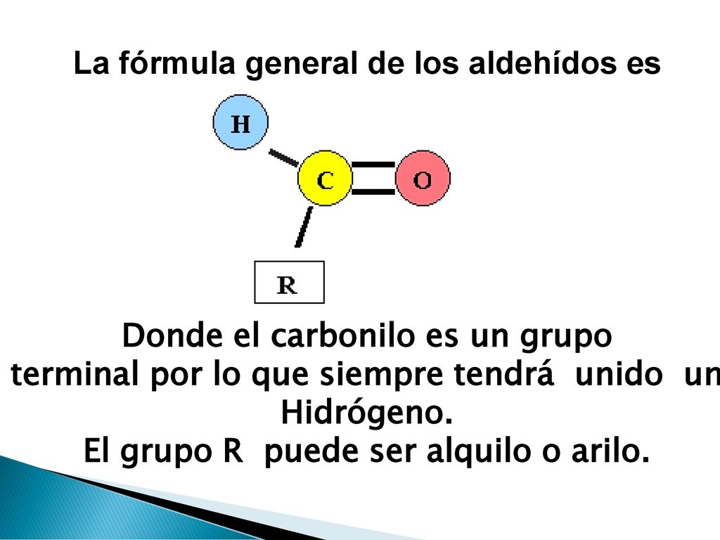 La fórmula general de los aldehídos es Donde el carbonilo es un grupo