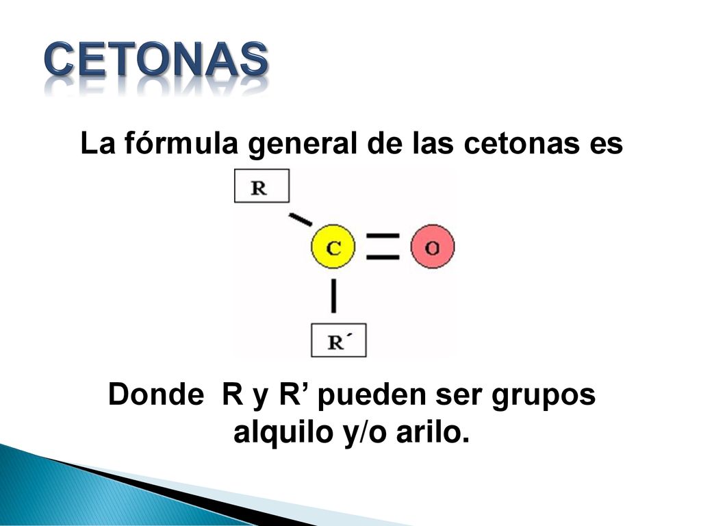 La fórmula general de las cetonas es Donde R y R’ pueden ser grupos